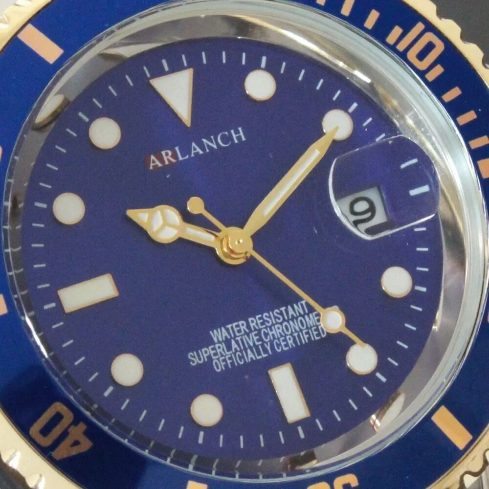 Men's Diver Style Watch Blue Bezel Silver Gold Tone 40mm